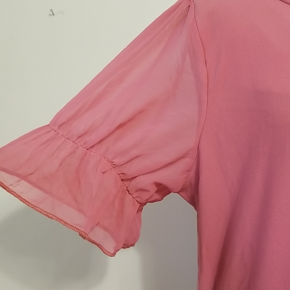 Adele & May Blush Pink Rhinestone Neckline Sheer Sleeve Blouse Career Office L - Picture 5 of 9